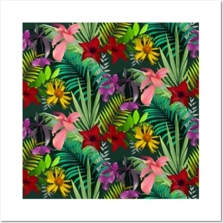 Elegant tropical flowers and leaves pattern purple illustration, dark green tropical pattern over a Posters and Art